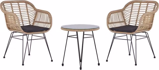 Set da bistrot Beliani da 3 pezzi in finto rattan marrone con piano in vetro e gambe in metallo nero