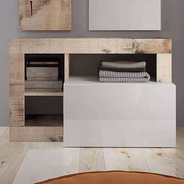 Scarpiera Adonide DMORA, Mobile porta scarpe e armadio da ingresso moderno in Bianco lucido e Acacia, L: 91 cm, P: 35 cm, H: 58 cm