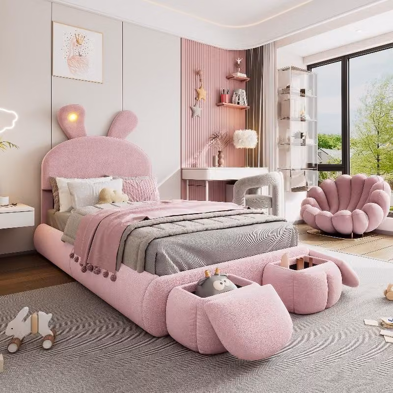 Letto imbottito 90x200 cm, color rosa, in velluto, con illuminazione LED, poggiatesta regolabile e 2 contenitori integrati per la camera da letto