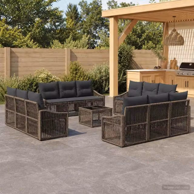Set Divano da Giardino vidaXL a forma a U in Polyrattan Grigio con Tavolino e Cuscini – 1