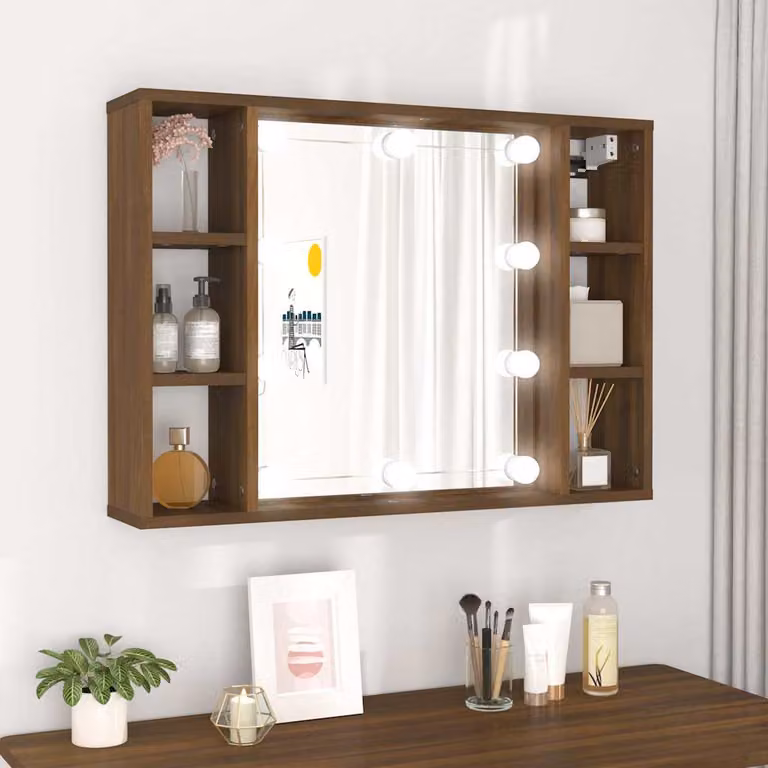 Armadietto da bagno con specchio e LED vidaXL in rovere marrone L: 76 cm, P: 15 cm, H: 55 cm