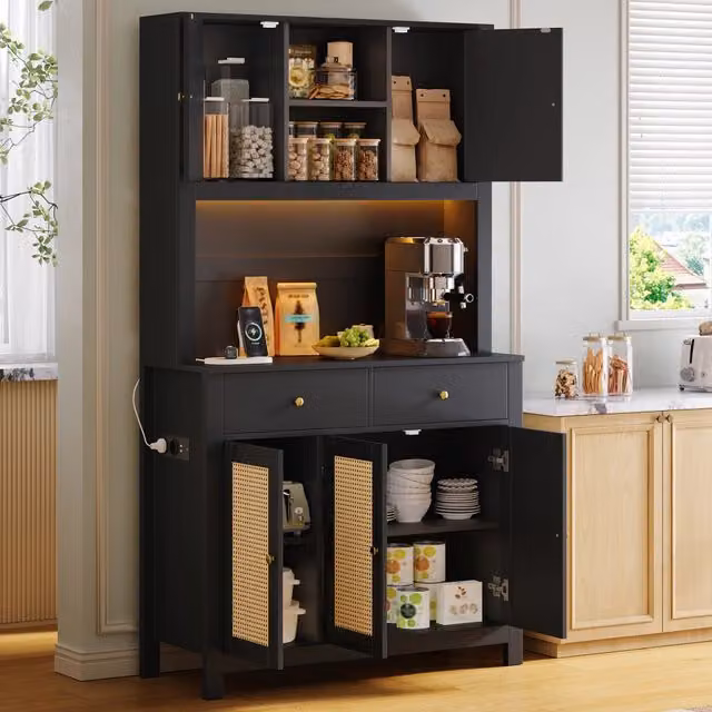 Mobile colonna da cucina Mivray in MDF nero con ante in rattan e illuminazione LED integrata, L 100 cm x P 40 cm x H 180 cm