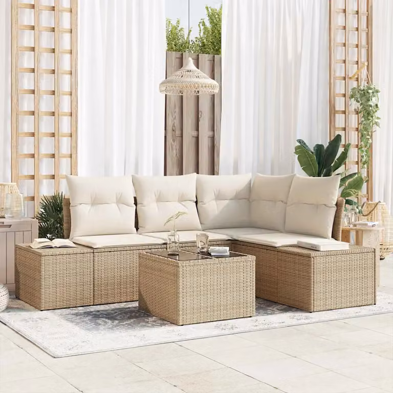 Set Divano da Giardino a L vidaXL con Tavolino e Cuscini Beige e Bianco in Polyrattan e Legno di Acacia