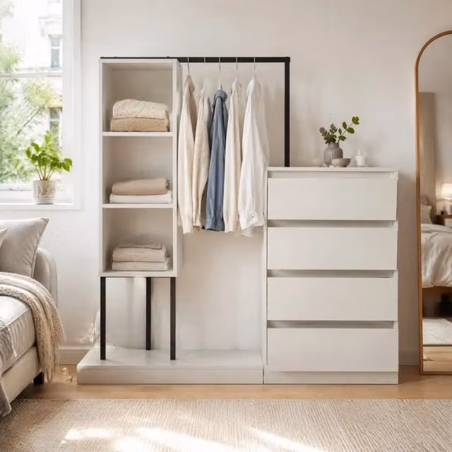 Mobile contenitore con 4 cassetti e appendiabiti; 100 x 40 x 135 cm; bianco e nero