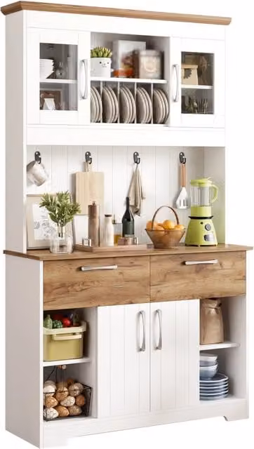 Credenza in stile scandinavo con ante in vetro e ripiani interni, ideale per cucina, sala da pranzo o ingresso, bianco e beige, L: 106 cm, P: 39 cm, H: 176.5 cm