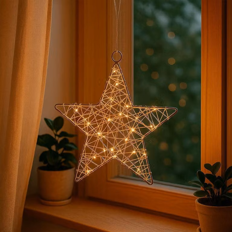 Stella luminosa a LED, diametro 24 cm, luce bianco caldo, con timer, 20 LED