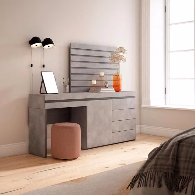 Tavolo da toeletta, 177x35x145cm, Con cassetto, Cassettiera, Pannelli Decorativi, grigio cemento RF3471
