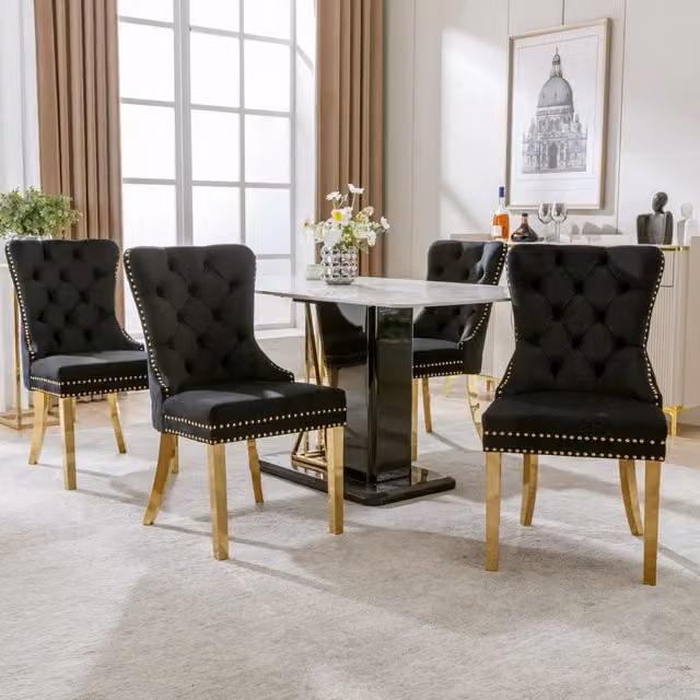 Sedia da Pranzo Imbottita in Velluto con Schienale e Gambe Oro ¨C Xylo ¨C Nero/Oro, Set 4 pezzi