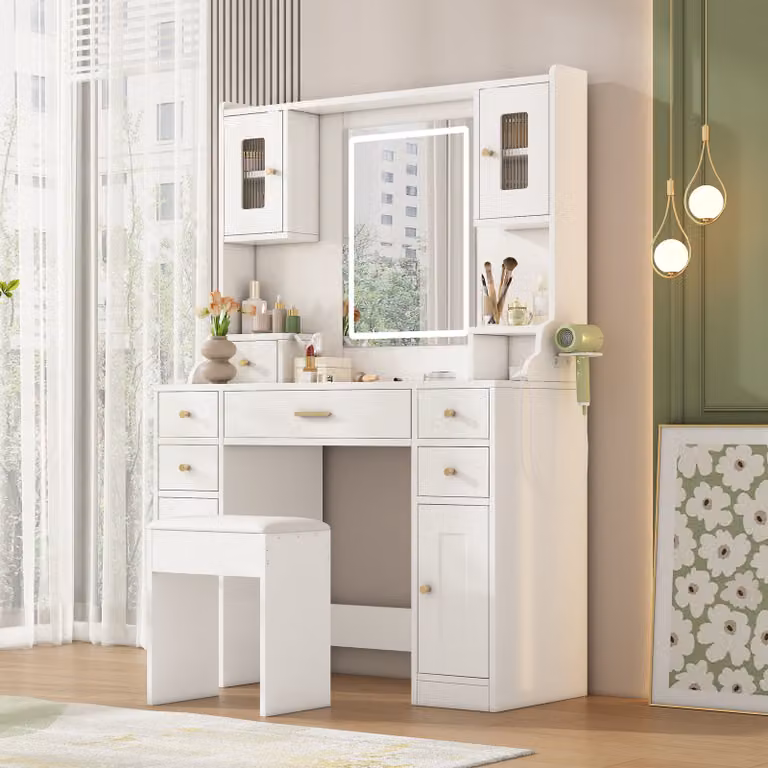 Flieks tavolo da toilette con sgabello, specchio con LED, tavolo da trucco con funzione di ricarica e supporto, tavolo da toilette con cassetti e ante, tavolo da toilette bianco