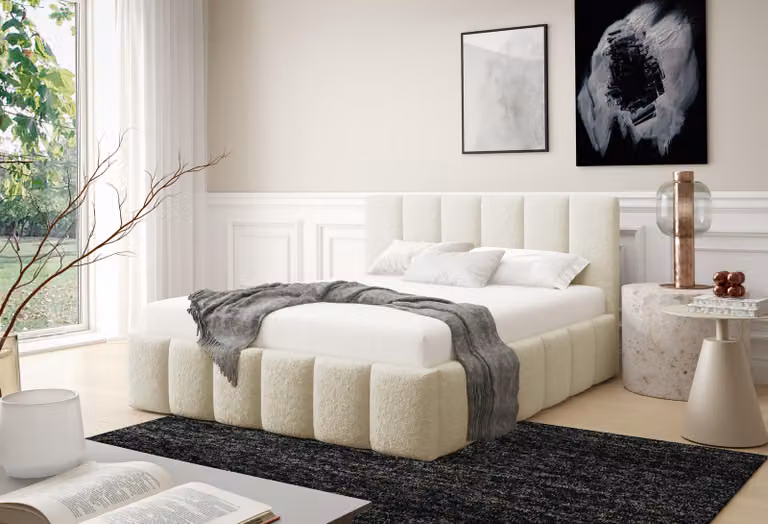 Letto imbottito LINO con contenitore | Letto 160x200 | Letto matrimoniale con contenitore e rete a doghe | Stile boxspring | Senza materasso | Camera da letto color crema