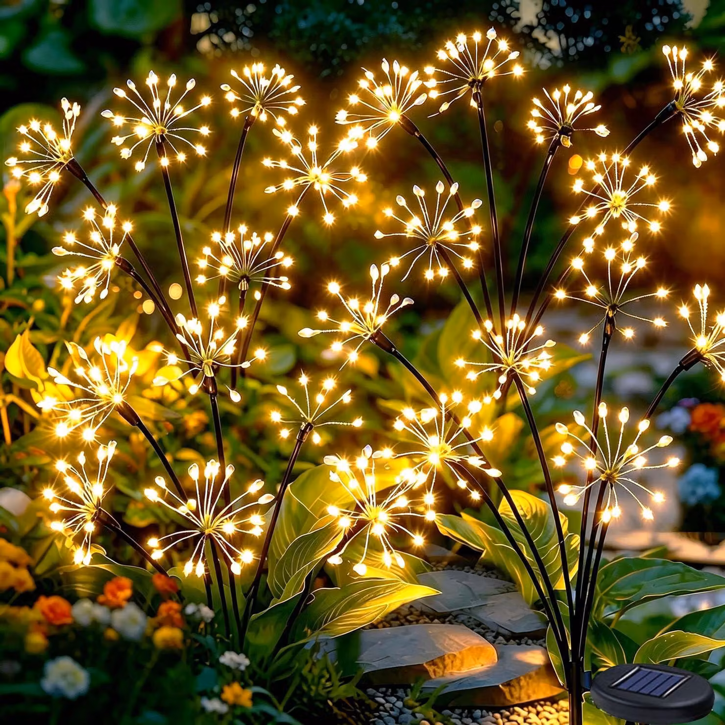 Lampade da giardino a energia solare, set da 4, modello "Tarassaco", grado di protezione IP65, 8 modalità, luce bianco caldo