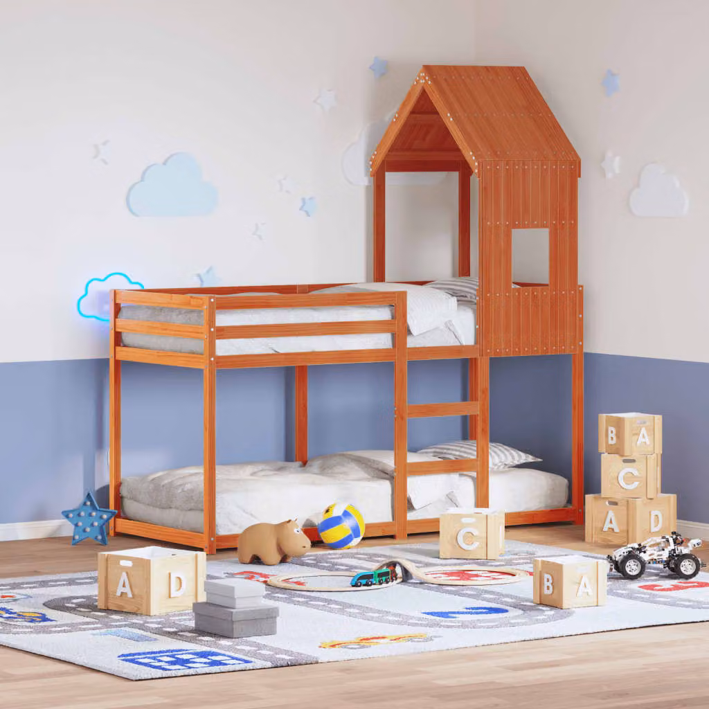 Letto a Castello con Tetto a Forma di Casa vidaXL in Legno Massello di Pino, Colore Marrone, 90 x 200 cm – 1