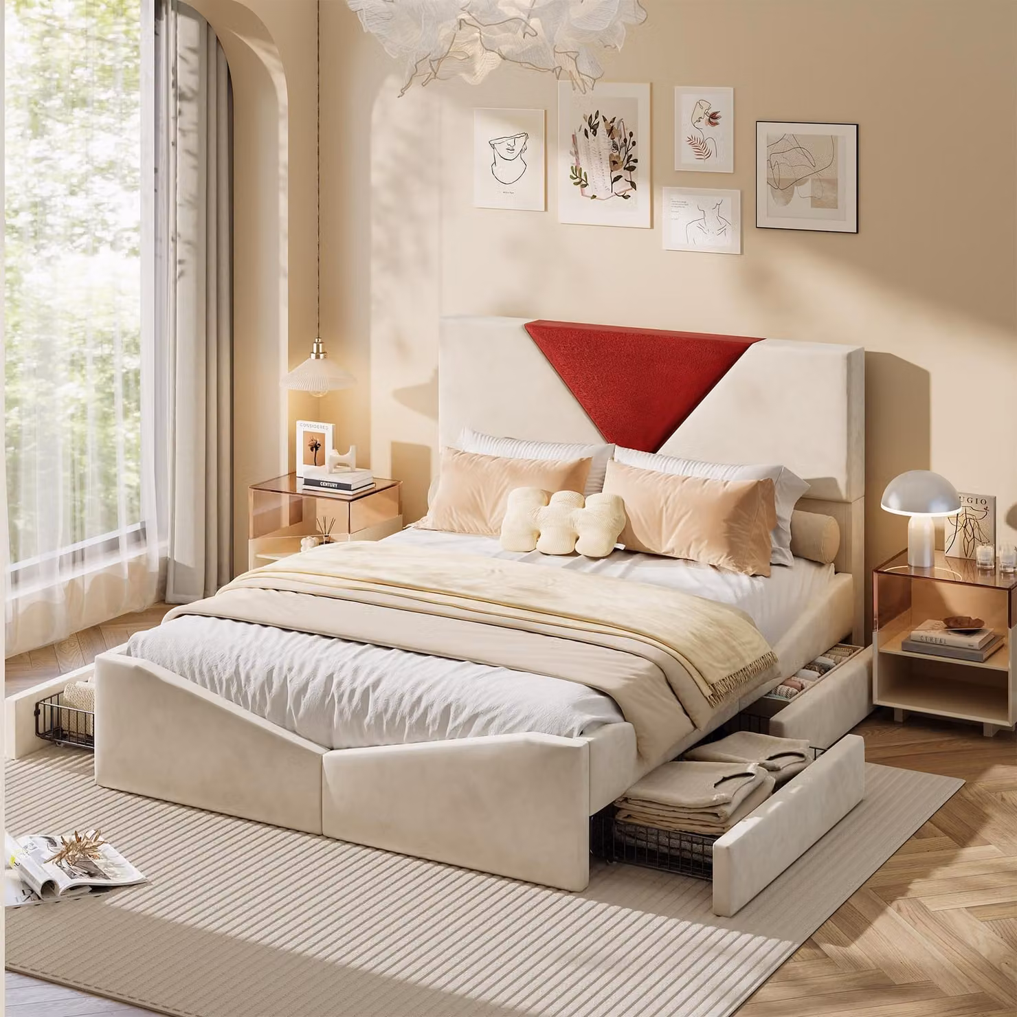 Letto imbottito 140x190 cm, beige, in velluto, matrimoniale, con cassetti. Struttura del letto imbottita con spazio contenitivo, testiera morbida, struttura in metallo robusta, letto moderno per la camera da letto