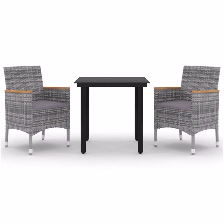 Set da Pranzo per Giardino 3 pz con Cuscini Polyrattan e Vetro