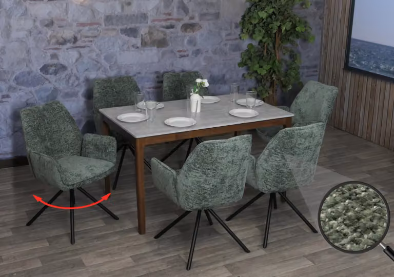 Set di 6 sedie da pranzo modello HWC-G67, sedia per cucina con braccioli, girevole, con sistema di auto-blocco, tessuto chenille, colore verde