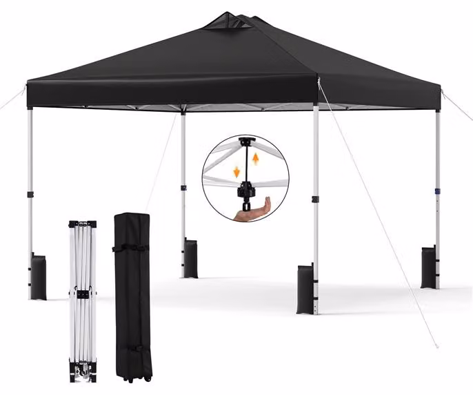 KOMFOTTEU, padiglione da giardino 3x3 metri, con sistema a un pulsante, tetto rivestito in argento, struttura resistente, sacchi di sabbia, picchetti e corde, tenda portatile per picnic e feste (nera)