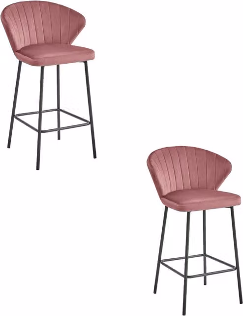 Set di 2 sgabelli Valora in velluto rosa con gambe in metallo nero per cucina e soggiorno, H 90,5 cm x L 49 cm x P 55 cm