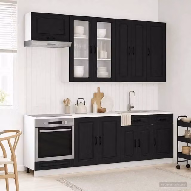 Unità Cucina Moderna vidaXL KALMAR in Nero con Ante in Vetro e Cassetti, 8 Pezzi – 1