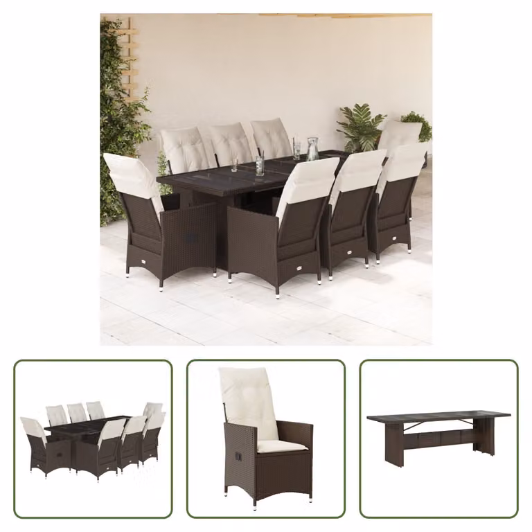 The Living Store Set bistrot da giardino da 9 pezzi con cuscini in poly rattan marrone