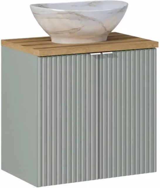 Insieme ELVINA 60cm: mobile sotto lavabo con armadietti in verde salvia grigio + piano per lavabo in aspetto legno scuro + lavabo da appoggio marmoreo