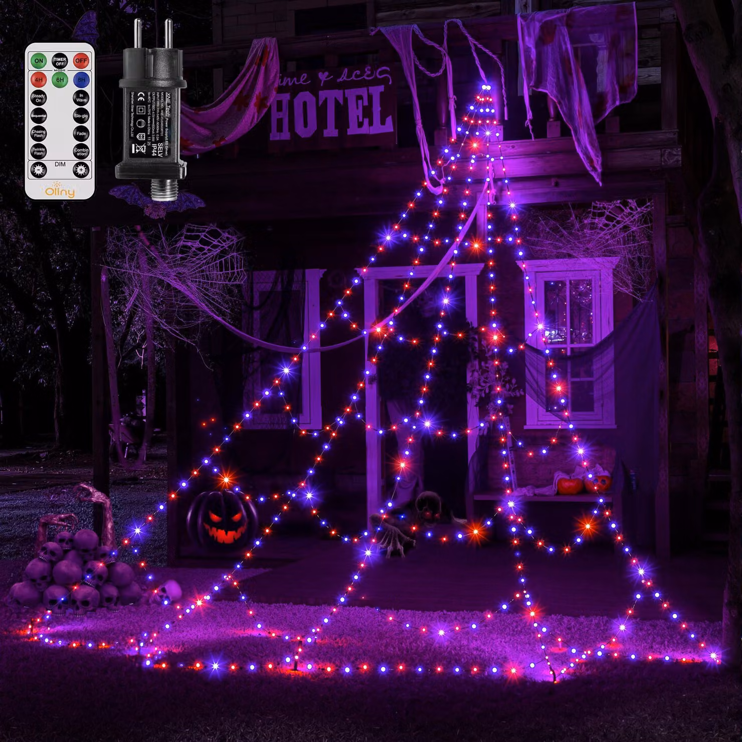 Rete luminosa a forma di ragnatela per Halloween, 266 LED, 3 metri, color lilla/arancione