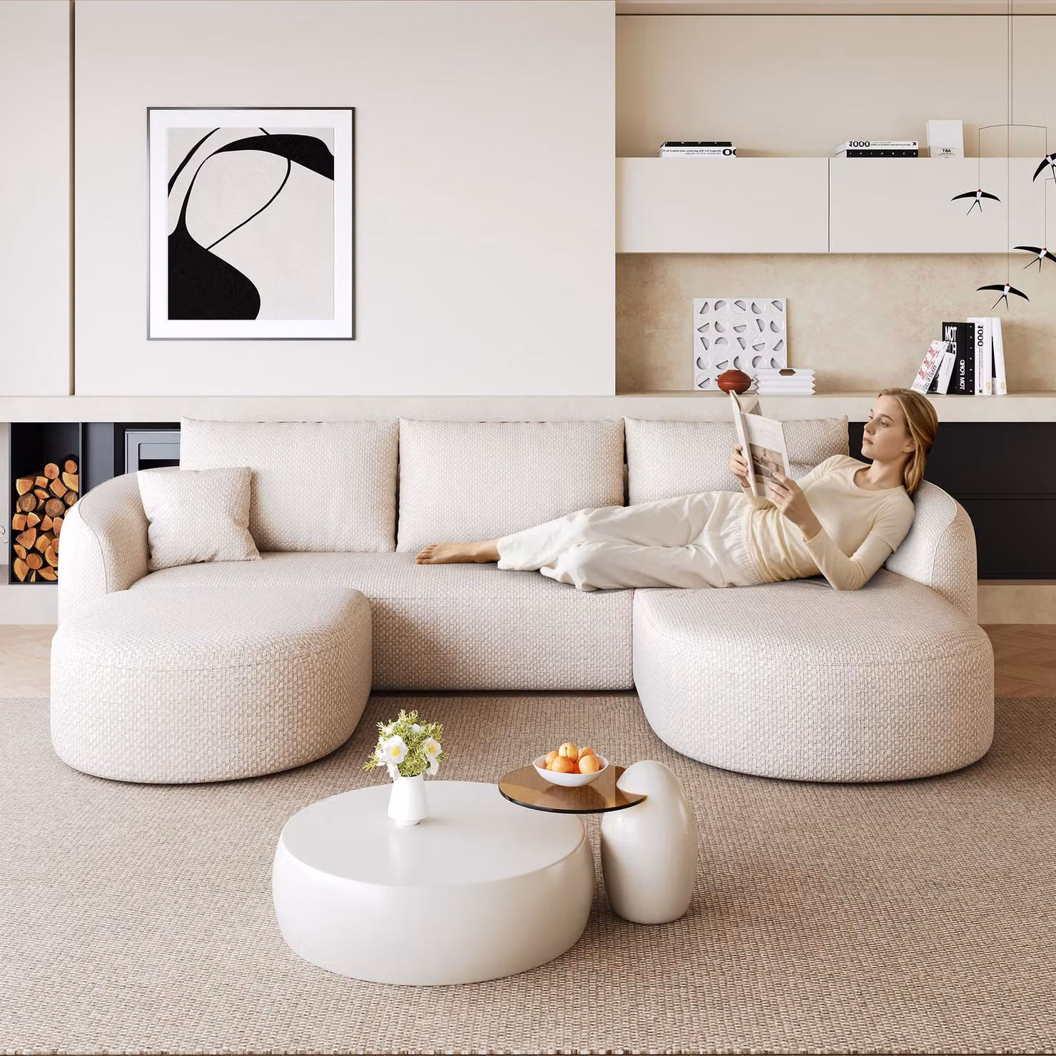 Divano angolare a forma di U, 266 cm, imbottito in schiuma, divano compresso senza necessità di montaggio, divano modulare per soggiorno, camera da letto, appartamento, colore bianco