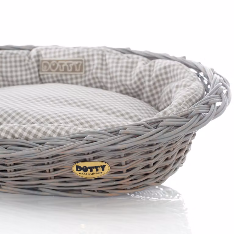 Cesto di vimini grigio dipinto a mano Cesto per vichinghi con cuccia in cotone - Beige a quadri - Lavabile e morbido - DOTTY