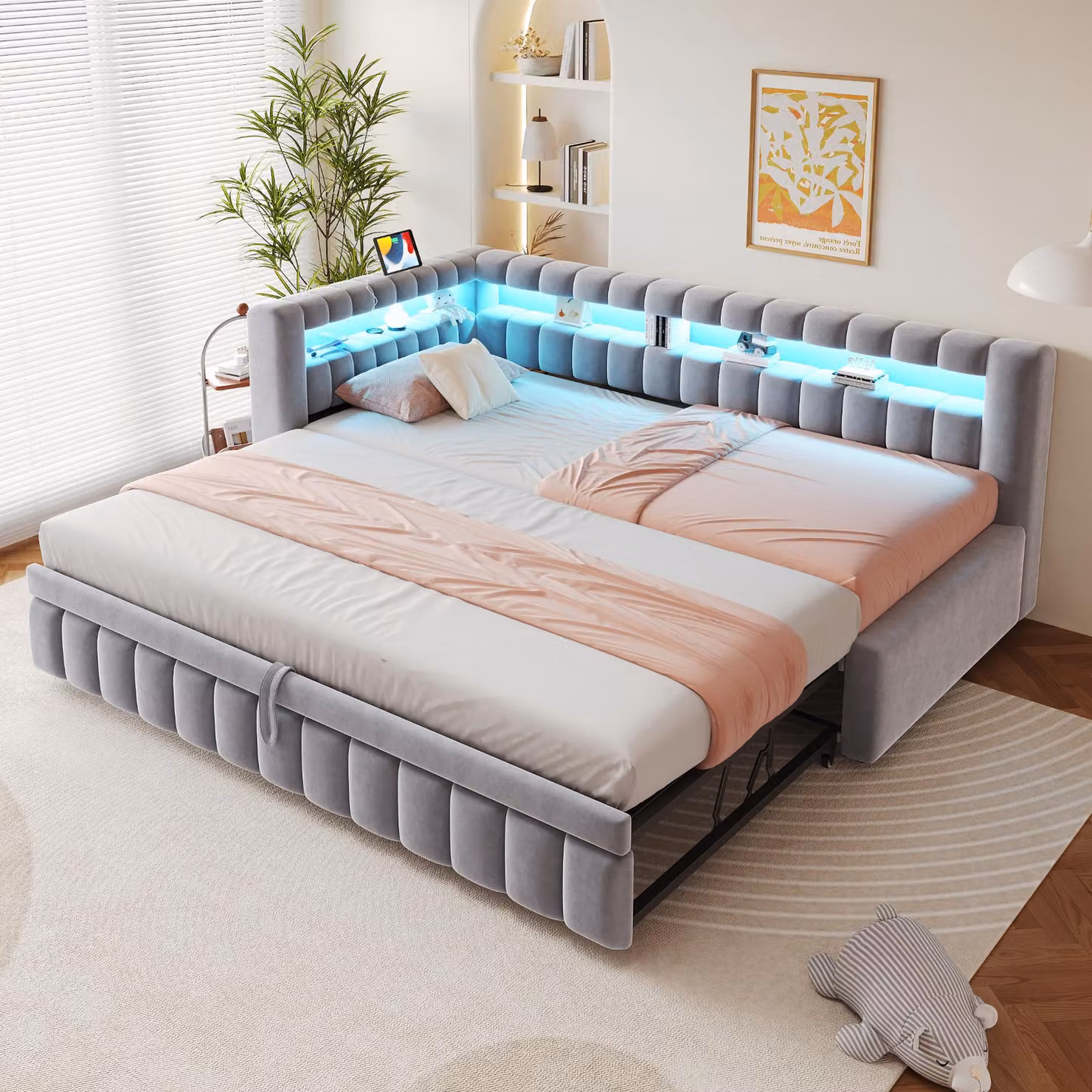 Letto imbottito Flieks 90x200cm con letto estraibile (90x190cm), divano letto da giorno con usb e led, letto per ragazzi letto per bambini letto singolo con rete a doghe, velluto
