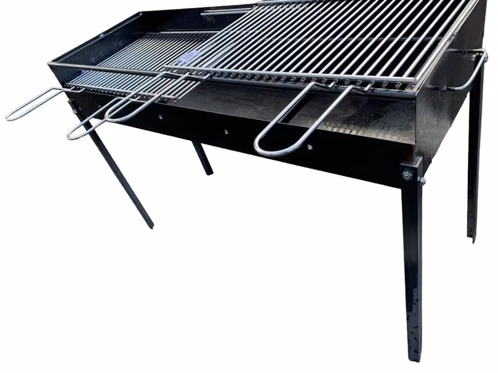 Barbecue artigianale in ferro nero con 2 griglie in acciaio inossidabile, regolabile in 2 altezze e con piedi estraibili, L: 100 cm, P: 38 cm – 2