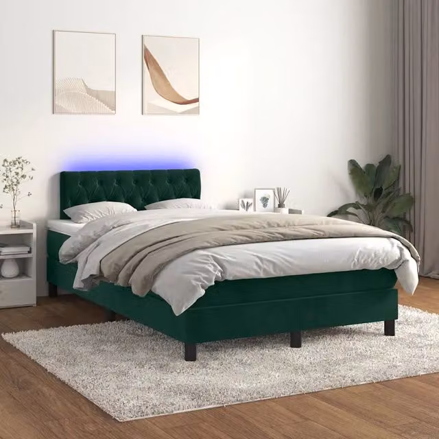 Letto matrimoniale con materasso ibrido vidaXL in velluto verde scuro con illuminazione LED sottostante e porta USB, L/P/H: 120 x 200 cm – 1