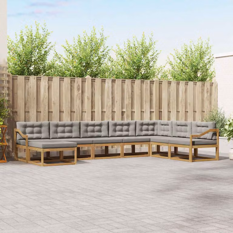 vidaXL Set di divani da esterno a forma di U composto da 8 pezzi in legno di acacia con cuscini Bianco e Grigio
