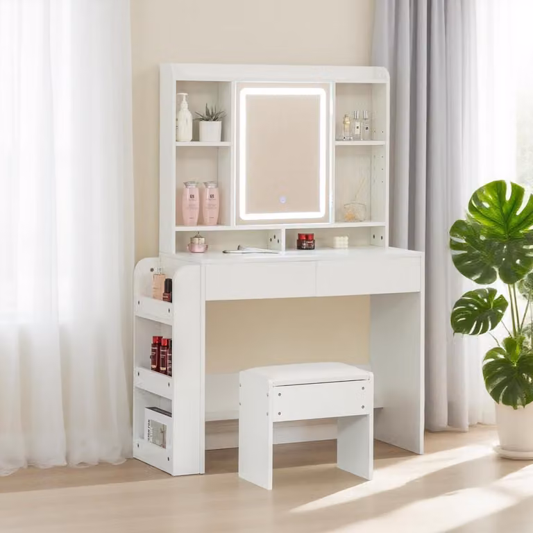 Comò da trucco con illuminazione a LED, poggiapiedi, 9 ripiani, ganci per gioielli, colore bianco, dimensioni 90x40x145 cm