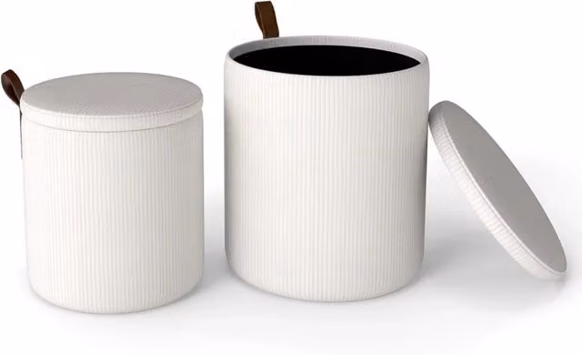 set di 2 pouf rotondi 39 x 44 cm e 34,5 x 37 cm contenitore nascosto comfort superiore in tessuto Corduroy bianco 20_0017604