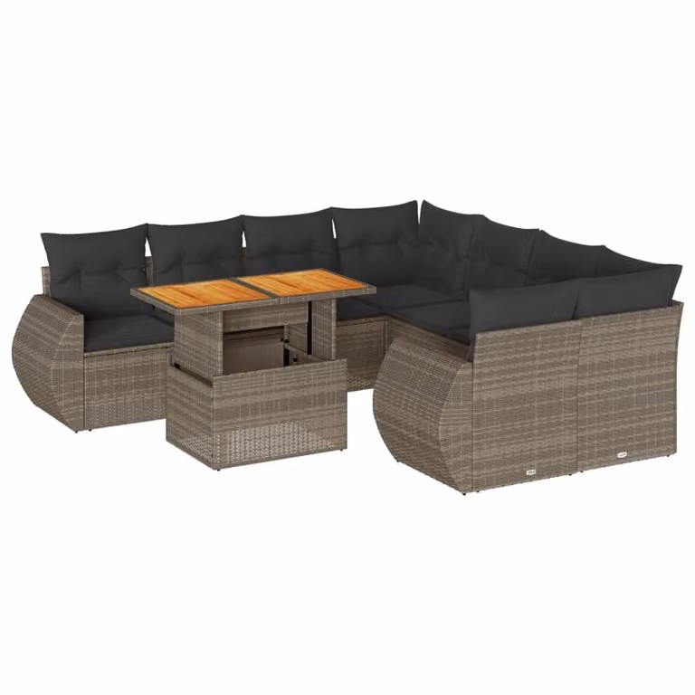 Set Divano da Giardino 9 pz con Cuscini Grigio in Polyrattan