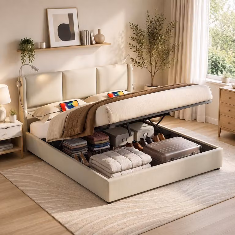 Letto imbottito INONEFT, 160x200 cm, con USB, letto matrimoniale con sistema di sollevamento idraulico e spazio contenitore, letto per ragazzi modello boxspring con lampada da lettura, senza materasso, colore: lino, beige