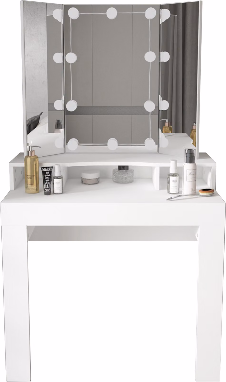 ML-Design tavolo da toilette bianco, tavolo da toilette con illuminazione a LED, specchio 3 pezzi richiudibile, cassetto 3 scomparti, 89,5x155x43,5 cm, tavolo cosmetico in legno MDF