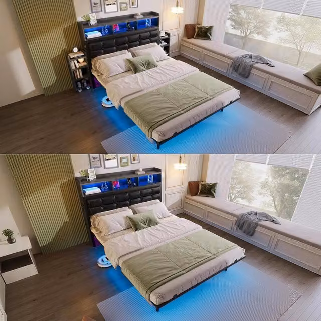 Letto matrimoniale con rete a doghe e testiera ¨C Minimal ¨C Grigio 140x190 cm con LED, 2 comodini estraibili, ricarica USB e Type C