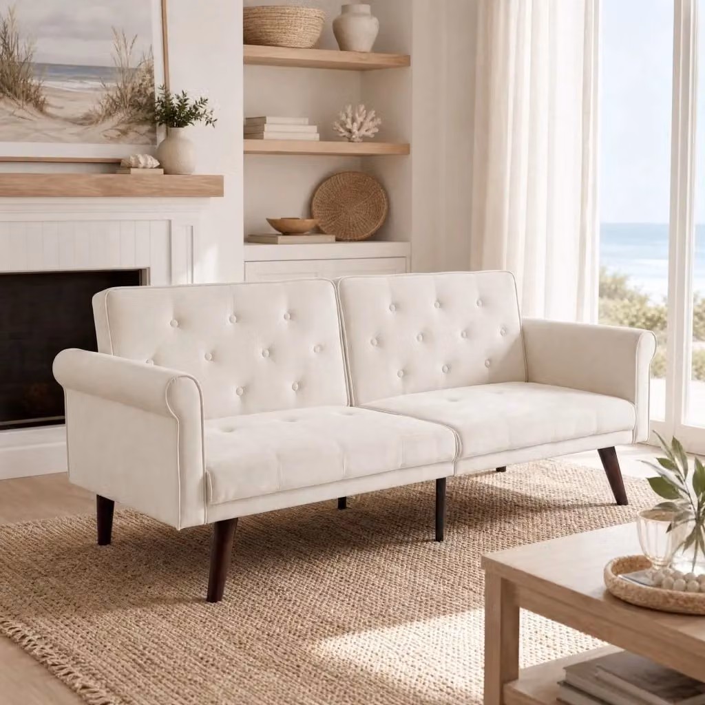 Divano letto MIVRAY a 2 posti in velluto beige con funzione notte e poggiatesta regolabile