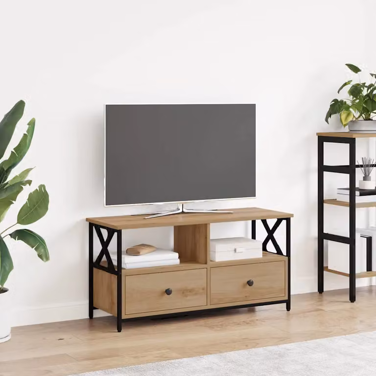 Supporto TV mobile vidaXL in legno e metallo color rovere artigianale, L 90 cm x P 33 cm x H 45 cm