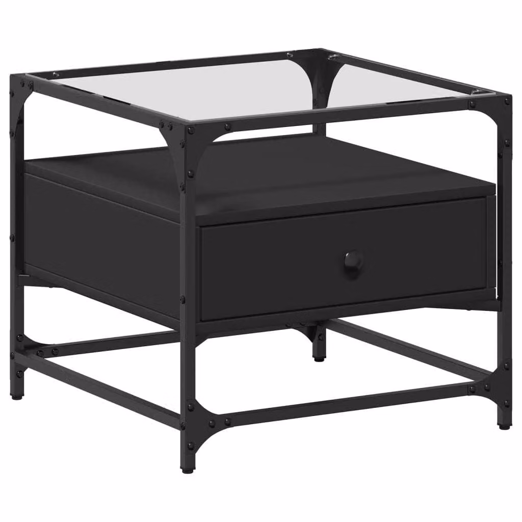 Tavolino con Piano in Vetro Nero 50x50x45 cm Acciaio