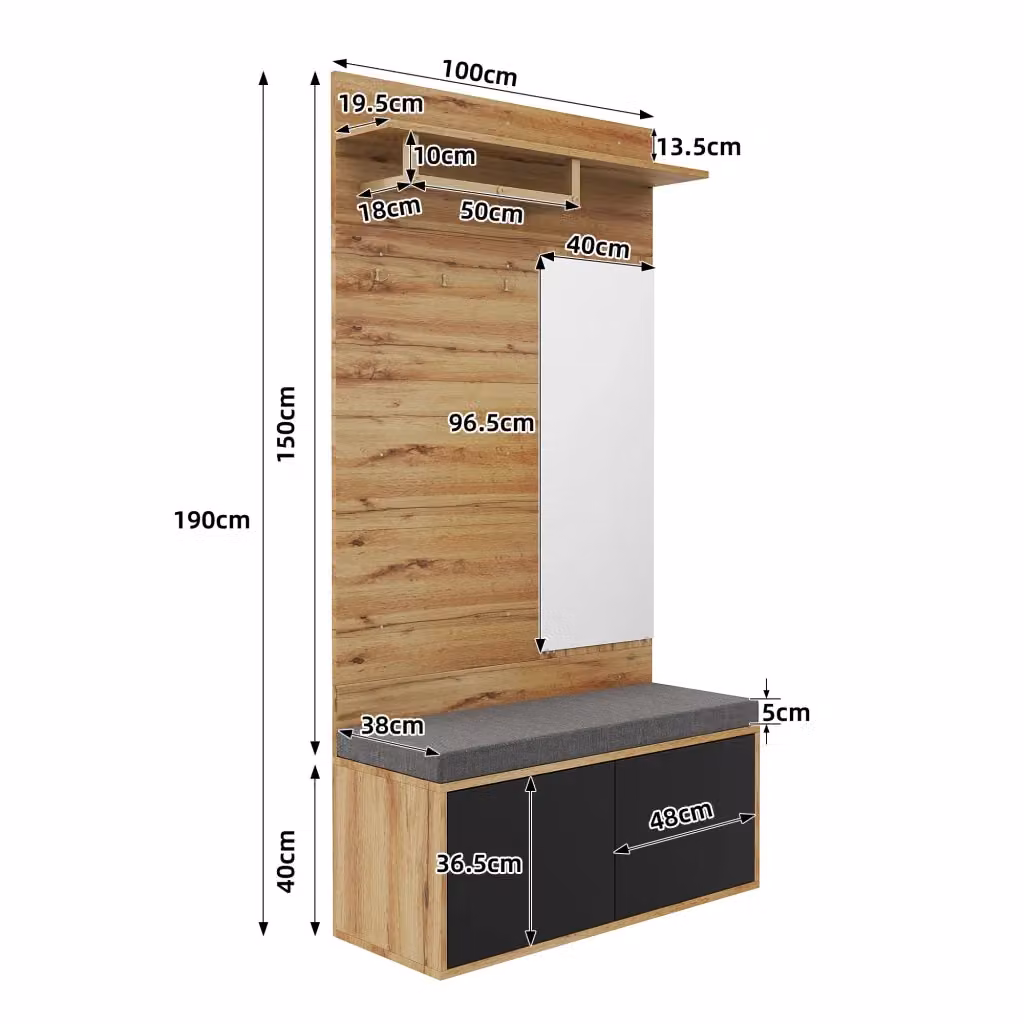 Armadio da ingresso REDOM moderno con specchio e seduta, Nero e Effetto Legno, L: 110 cm, P: 38 cm, H: 190 cm – 2