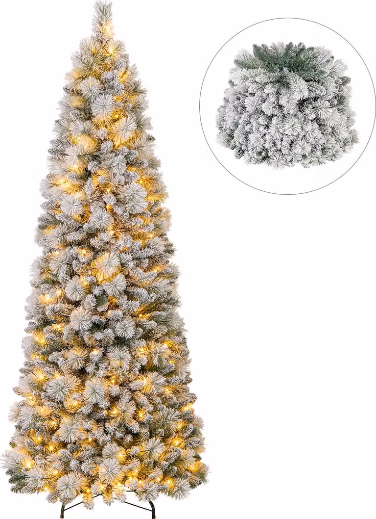 COSTWAY Albero di Natale artificiale da 210 cm con 200 luci LED bianco caldo e 680 punte di rami, albero di Natale pop-up, albero di Natale floccato, albero artificiale