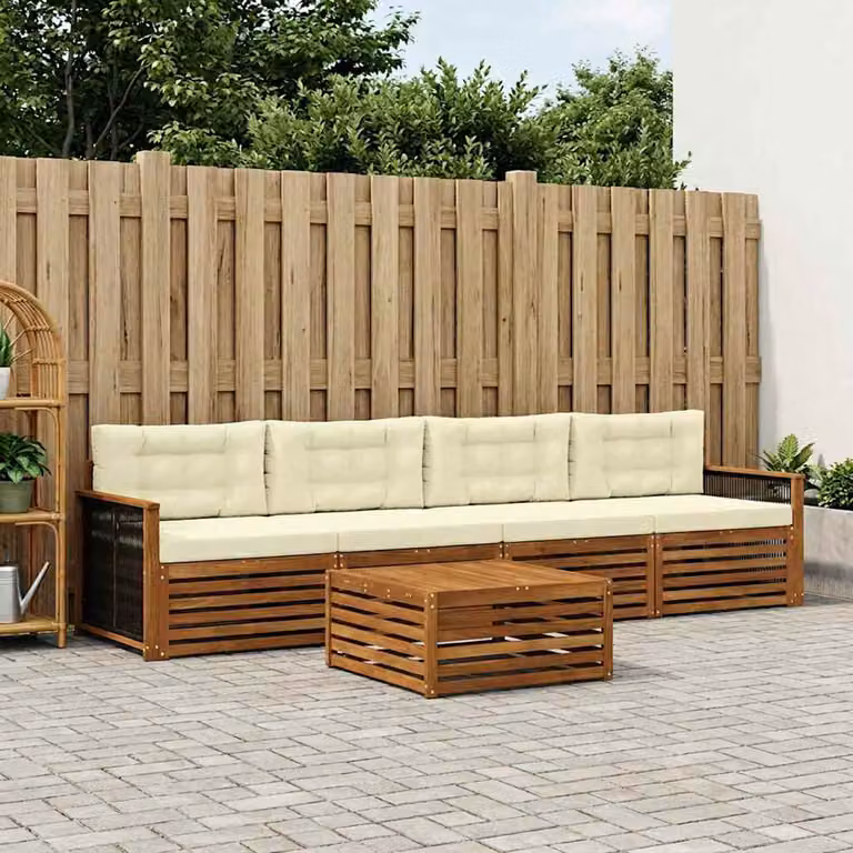 Set di divani da esterno vidaXL 5 pezzi in legno di acacia con cuscini, colore beige e bianco