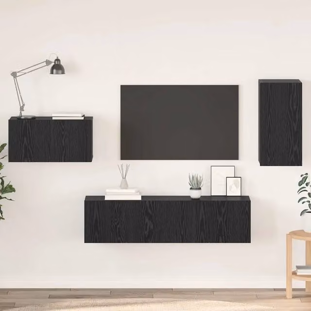 Set mobile TV con cassetto-Credenza per TV Rovere Nero Legno multistrato 283144