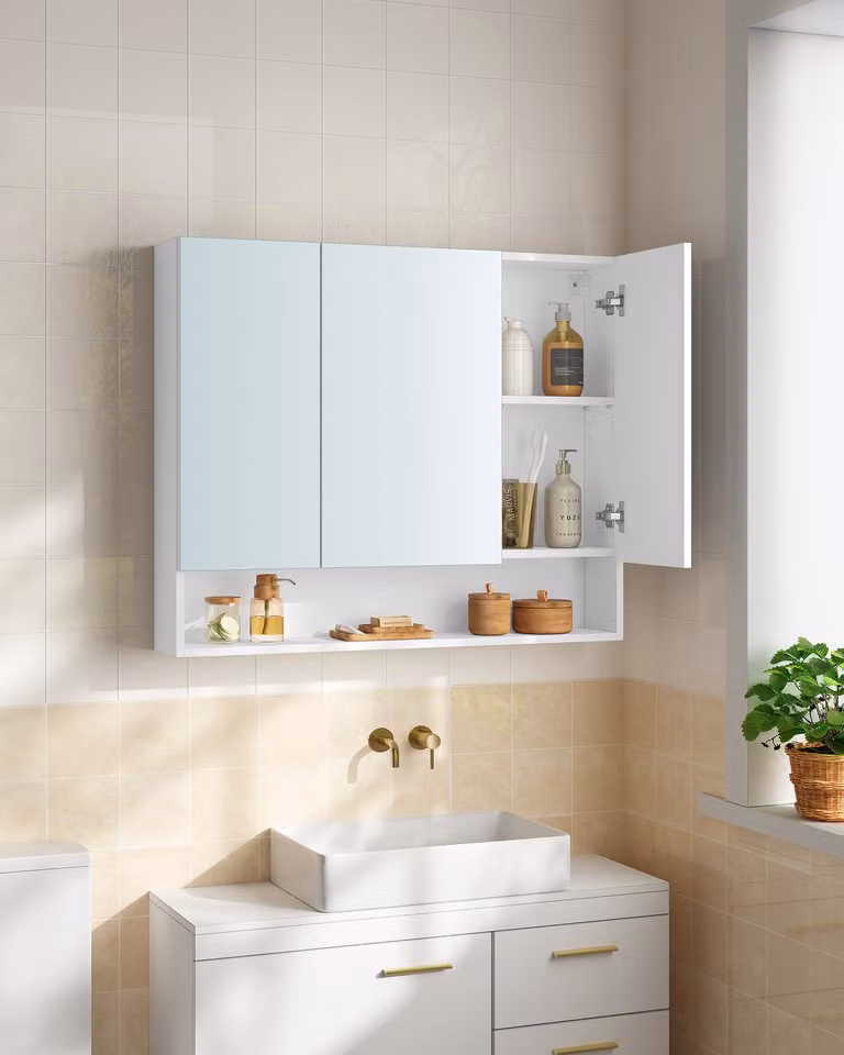 Armadio da bagno VASAGLE con 3 ante, armadio a specchio, armadio da bagno, ripiano aperto, ripiani regolabili