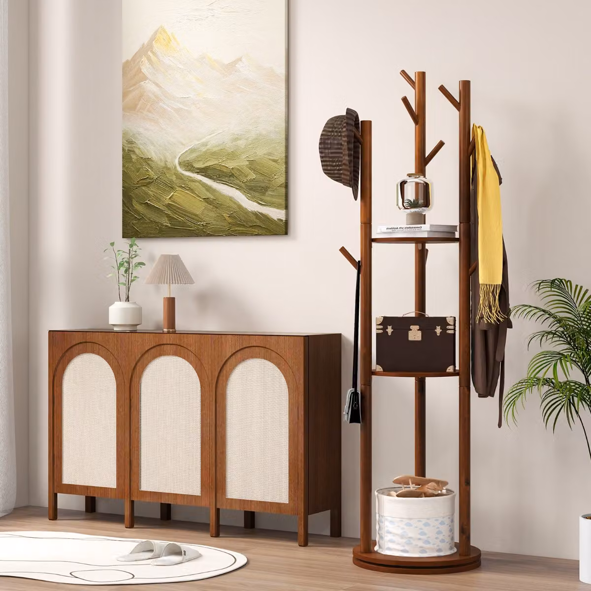 Appendiabiti a forma di albero Costway con 3 ripiani e 9 ganci, colore noce, Altezza: 167 cm