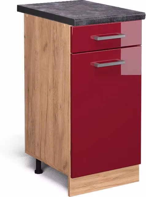 Mobiletto base per cucina Vicco R-Line Rosso lucido e Rovere dorato con base Antracite, L: 40 cm, H: 81,6 cm, P: 60 cm