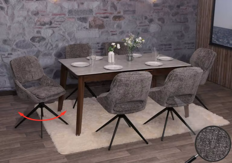 Set di 6 sedie da pranzo modello HWC-N73, sedie da cucina, girevoli con sistema di ritorno automatico, rivestite in tessuto chenille (490g/m²), colore grigio scuro