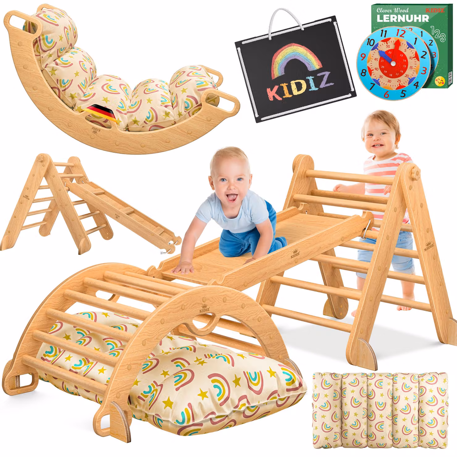 KIDIZ®: Struttura da gioco Montessori 7in1, set completo con struttura per arrampicata, scivolo, triangolo da arrampicata in legno, inclusi cuscini, lavagna e orologio educativo. Area giochi indoor per bambini piccoli dai 1 ai 3 anni