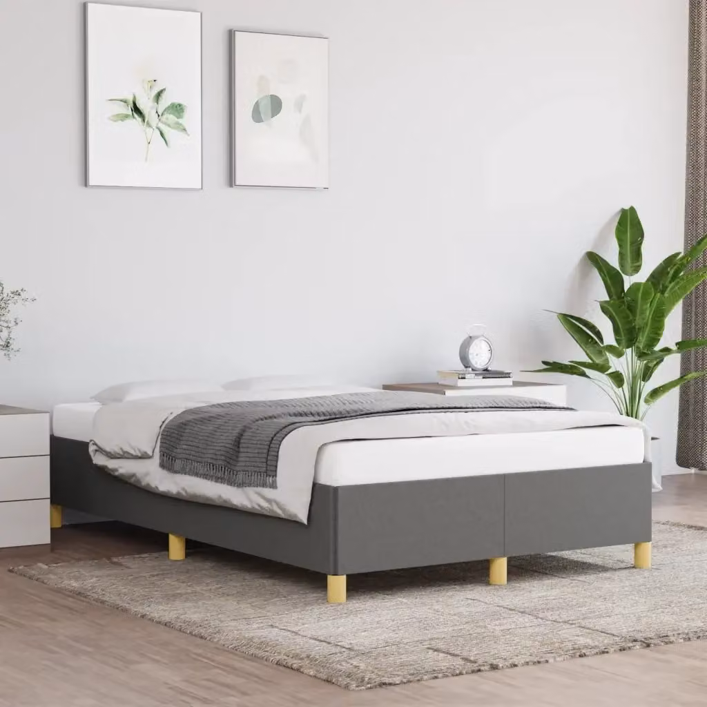 Letto matrimoniale moderno in tessuto grigio con struttura in legno e doghe, L/P: 120 x 200 cm – 2